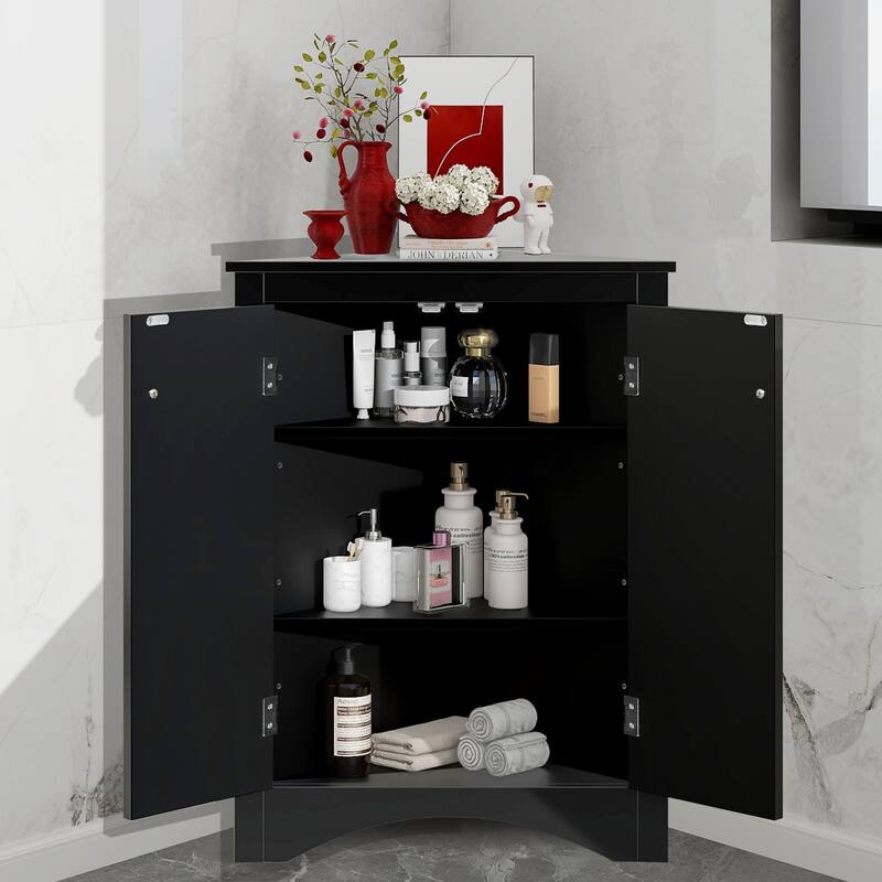Triangle Bathroom Storage Cabinet with Adjustable Shelves, Freestanding Floor Cabinet for Home Kitchen - Black