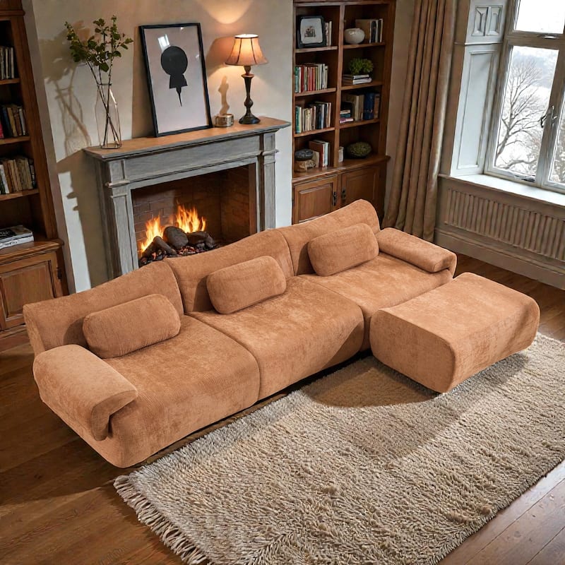 Modular Chenille Sofa Set with Armchair, Extra Large Deep Seat 3 Seater Compression Couch with Pillows