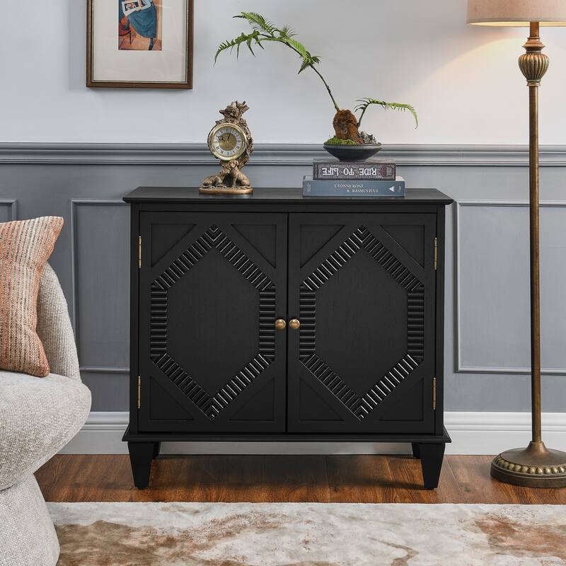 33.6"Wooden Sideboard Buffet Cabinet With Storage, Symmetrical Geometric Accent Display Cabinets, Media Console Credenza - Black