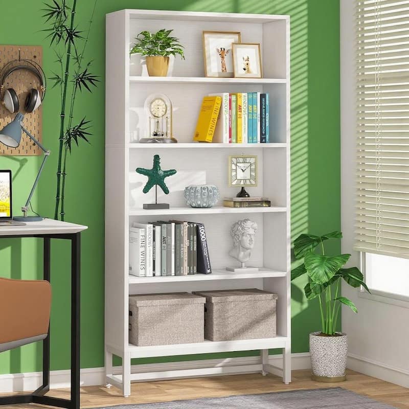 5-Tier Tall Bookshelf with LED Lights Adjustable Shelves Heavy Duty Metal Frame for Home Office Library Storage - White