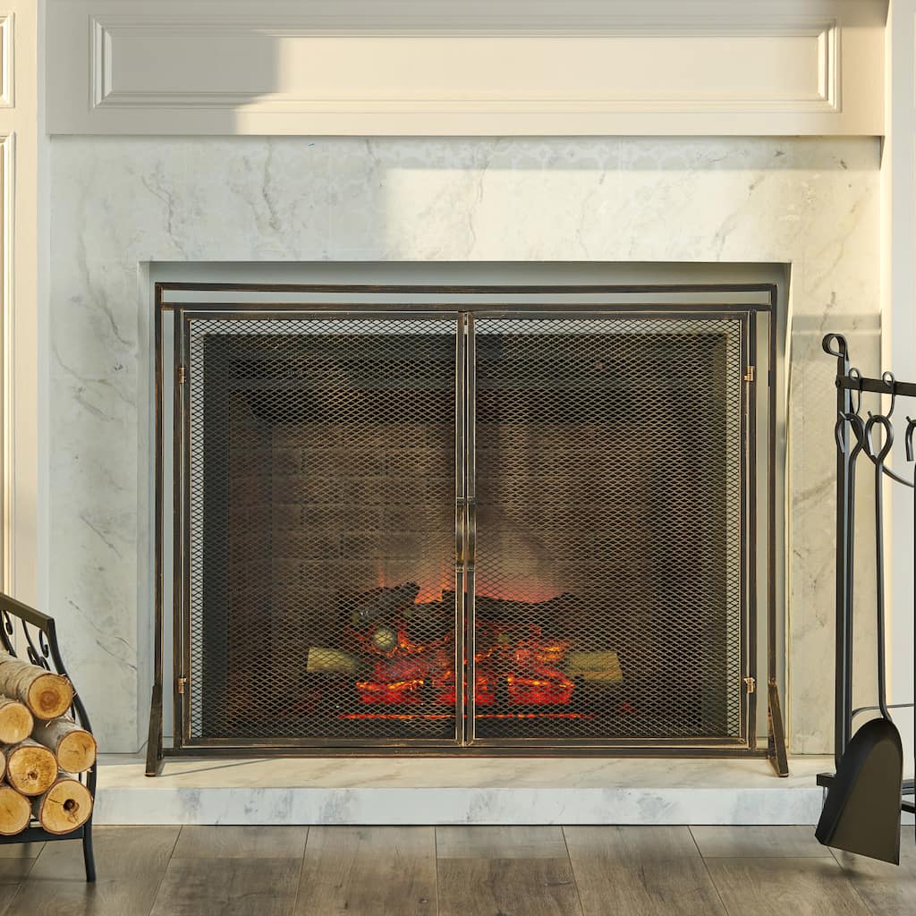 Modern Iron Fireplace Screen with Easy Access Doors and Matte Finish