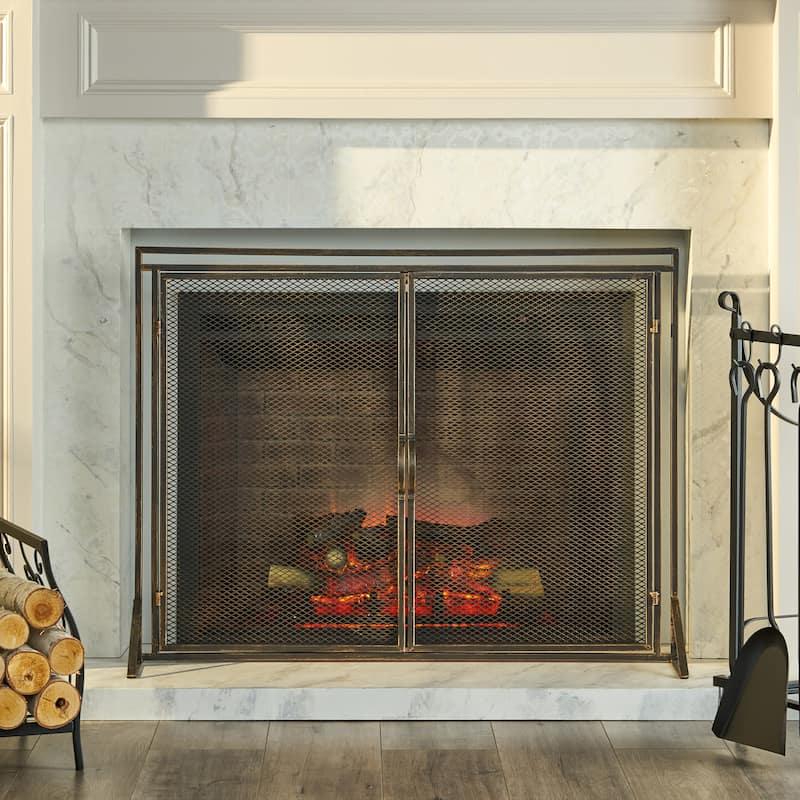 Modern Iron Fireplace Screen with Easy Access Doors and Matte Finish - Black