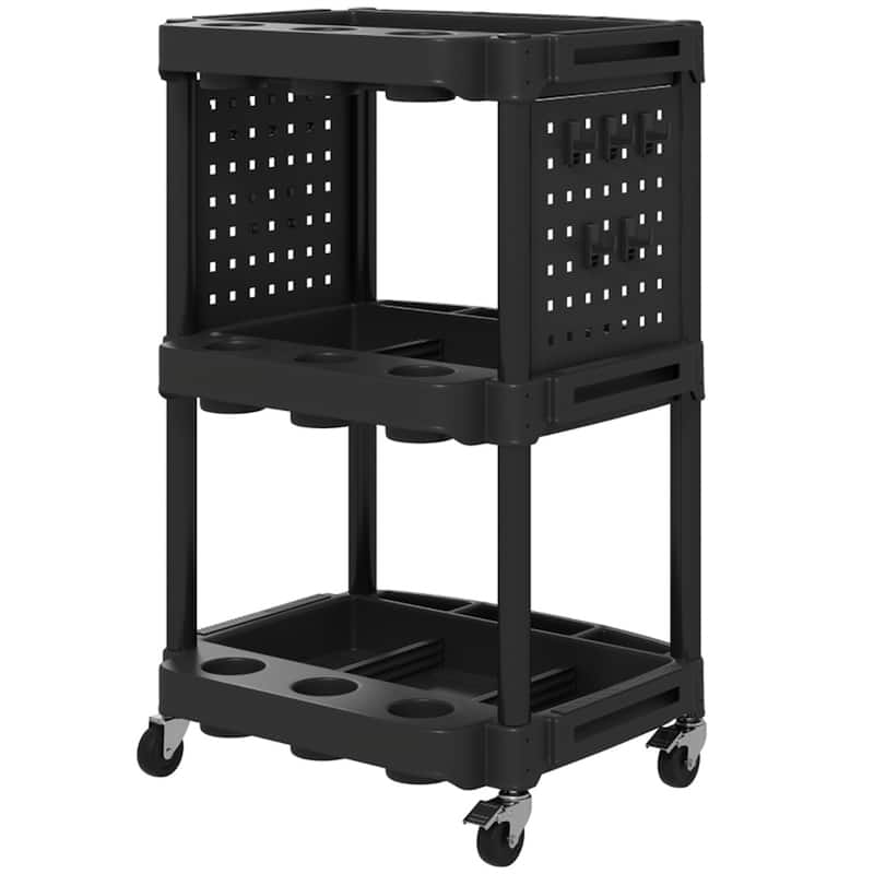 Three-Tier Mobile Rolling Tool Cart with Hooks and Storage Holes for Garage Workshop Organizer - 22.2" W x 18.7" D x 35" H - Black