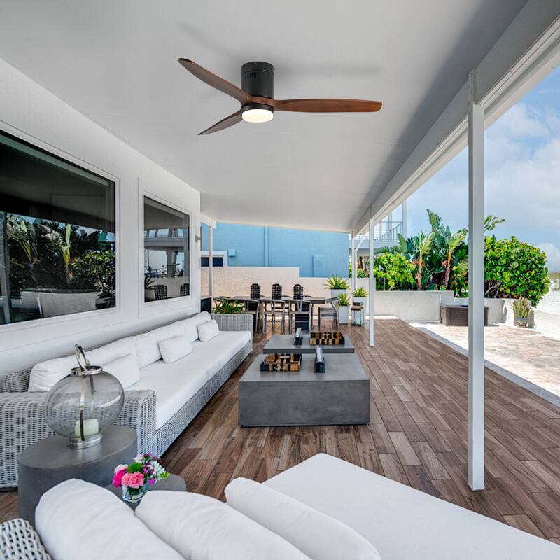 52 Inch Ceiling Fan with Light, 3 Dark Walnut Solid Wood Blades,Remote Control,6-speed Reversible DC Motor - Black + Dark Walnut