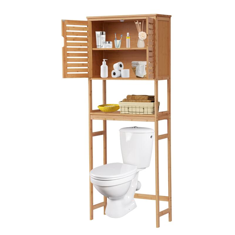 Kinbor Bamboo Over-The-Toilet Organizer Cabinet, Bathroom Storage Shelf with Doors and Shelves Freestanding Space Saver - Natural