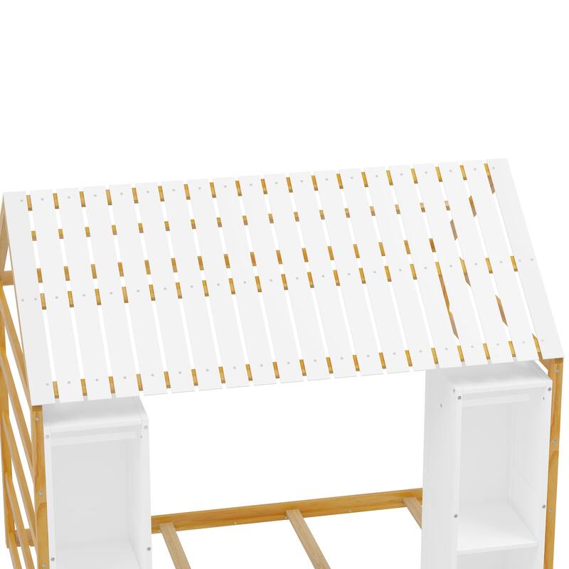 Twin Size House Bed with Fence, Roof, and Movable Wardrobes, Kids Floor Bed in Natural Finish