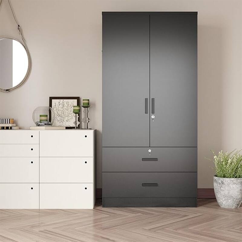Wood Black Wardrobe Closet With 2 Doors And 2 Drawers ,Bedroom Freestanding Armoire Storage Cabinet With Shelves