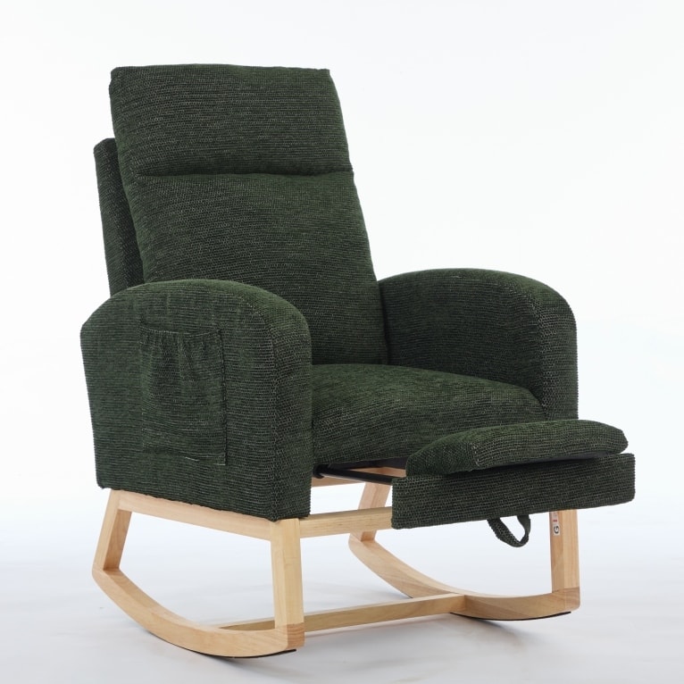Accent Rocking Chair Rocking Chair with Solid Wood Legs, Upholstered Nursery Glider Rocker, Comfy Armchair with Side Pocket