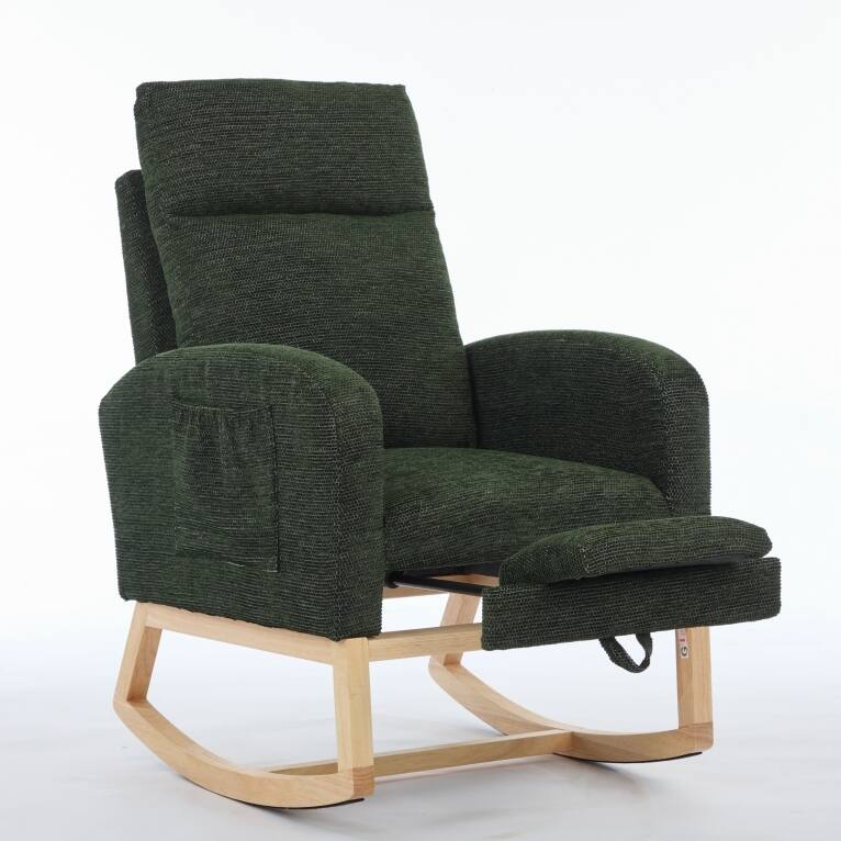 Simple Rocking Chair Side Chair with Wood Legs, Lounge Chair Leisure Chair Arm Chair with Side Pocket - Dark Green