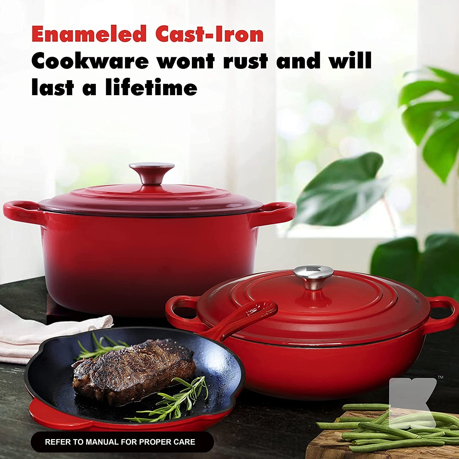 Enameled Cast Iron Cookware Set - 5 Pieces Solid Colored Braiser Dish, Fry  Pan, & Dutch Oven Pot with Lids - Heavy Duty Non-Stick Kitchen Cookware