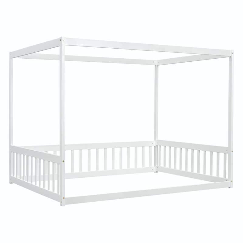 Canopy Frame Floor Bed with Fence and Guardrails