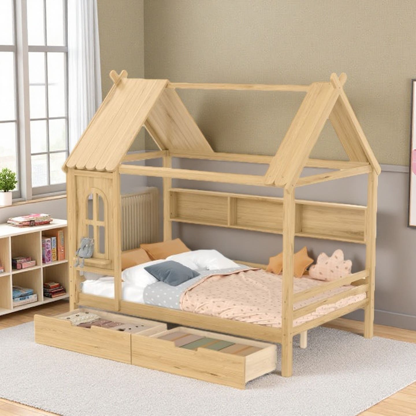 Twin Size House Platform Bed with Roof and Window, Solid Wood Bed Frame with Storage Drawers and Built-In Shelves