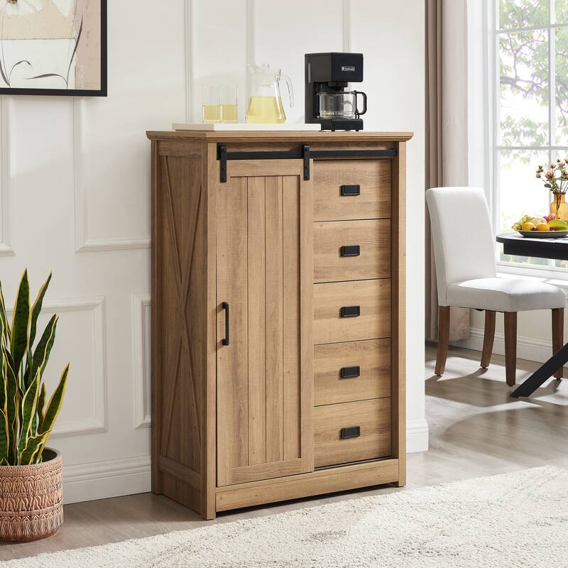 Oak Farmhouse 5-Drawer Dresser with Sliding Barn Door, Versatile