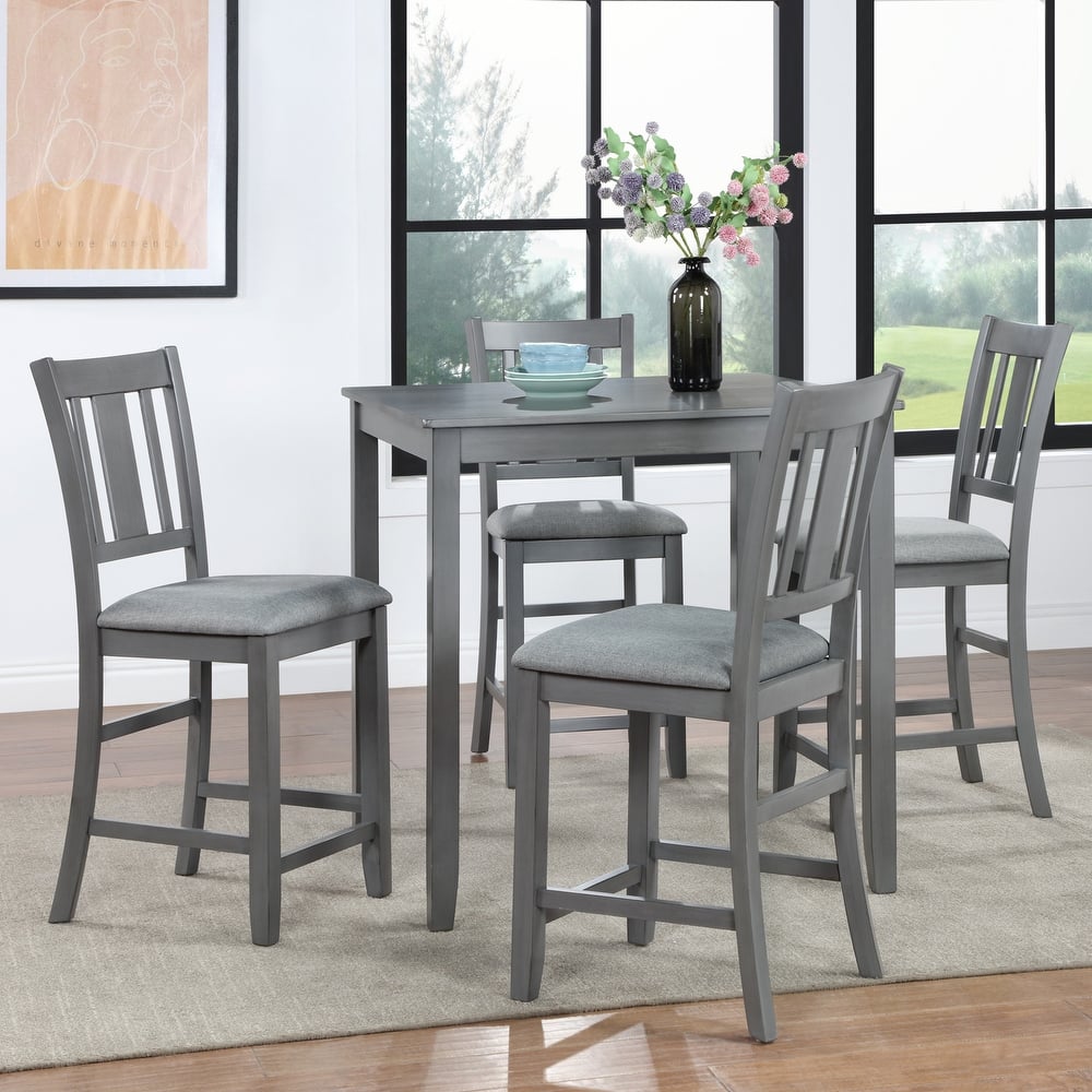 5 Piece Wooden Dining Kitchen Table Set with 4 Upholstered Chairs, Square Counter Height Dining Room Table for 4 People