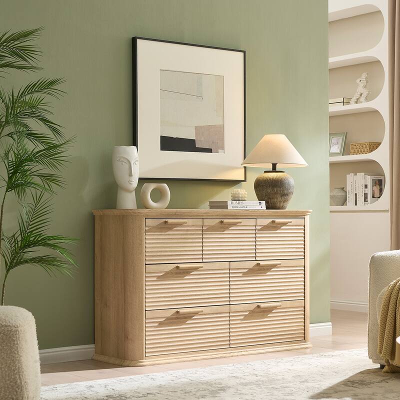 7 Drawer Dresser, 52" Wide Modern Wood Dresser for Bedroom, Chest of Drawers with Curved Profile Design