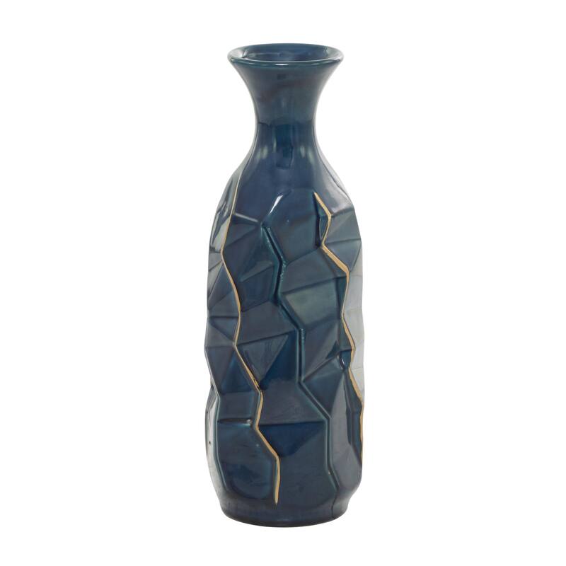 Ceramic Geometric Floor Vase with Gold Accents - Teal - Roche River Decor - Teal - 5"W, 15"H
