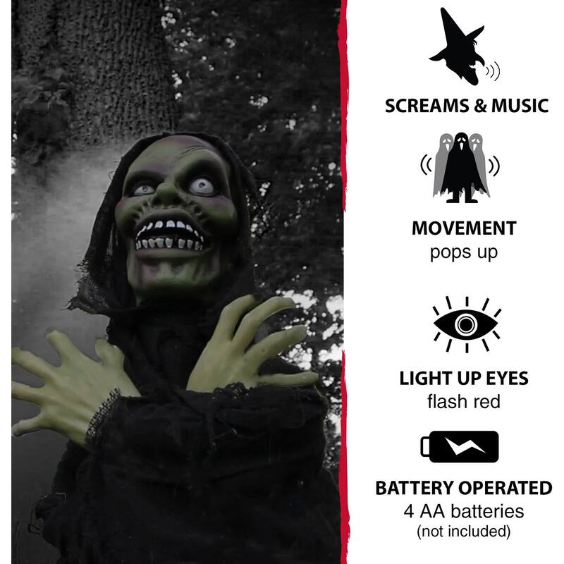 Haunted Hill Farm 24 In. Pop-Up Animatronic Ghoul, Indoor/Outdoor Halloween Decoration, Flashing Red Eyes, Poseable, Battery