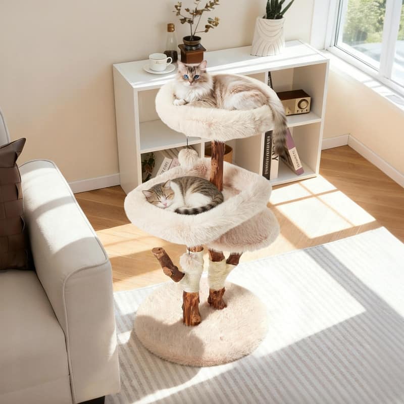 46"H Wood Cat Tree Tower with Scratching Posts, Modern Cat Furniture for Indoor Cats
