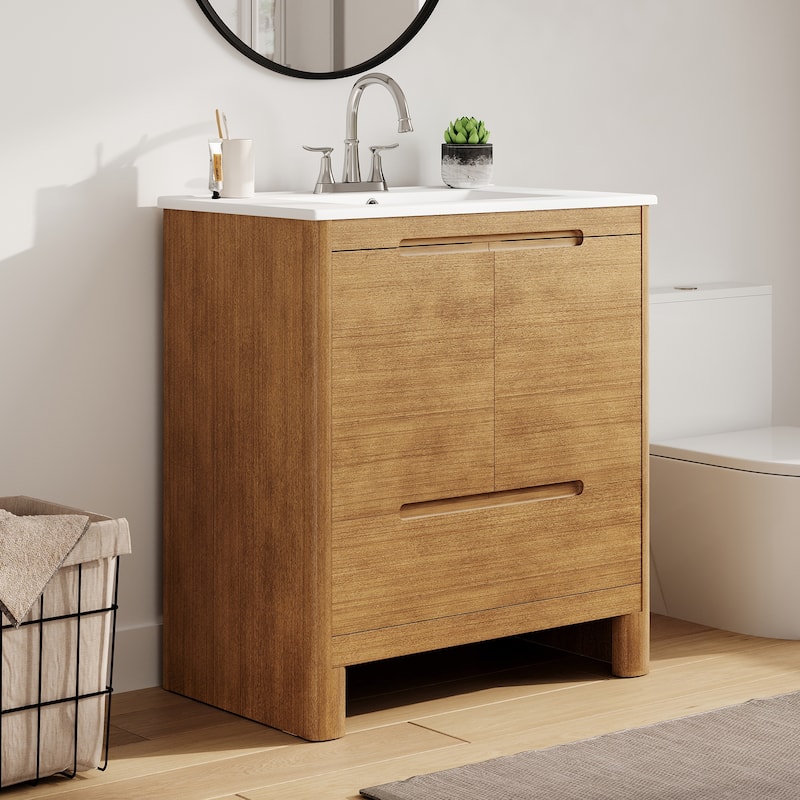 30" Modern Solid Wood Frame Bathroom Vanity Set with Ceramic Sink, Natural Wood Grain Cabinet & Soft-Close Doors - Brown