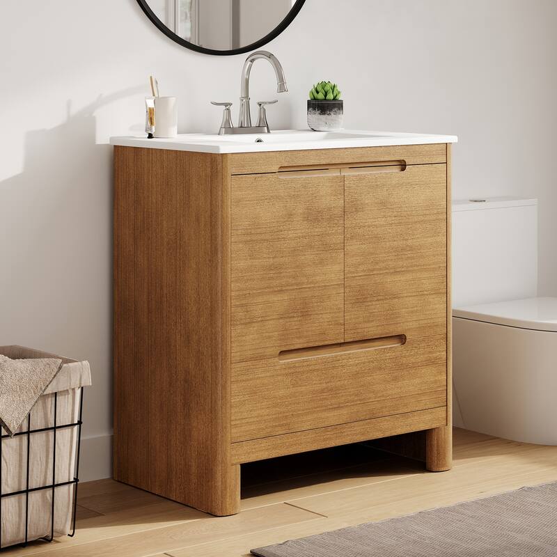 30"Softened Modern Bathroom Vanity with Ceramic Sink, Solid Wood Frame, Soft-Close Doors & Drawer, Adjustable Shelf - Natural