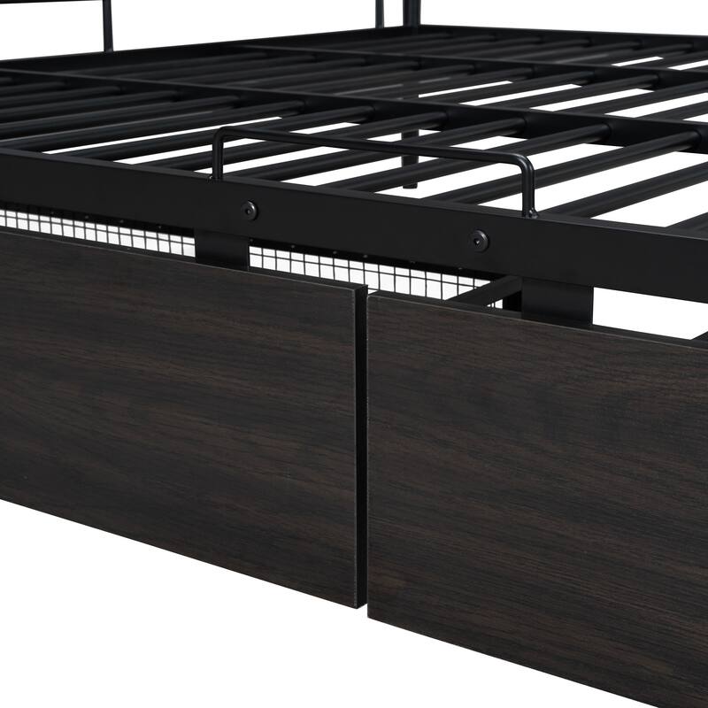 Contemporary Full XL Over Queen Bunk Bed with 2 Storage Drawers, Iron Frame, and Safety Guardrails