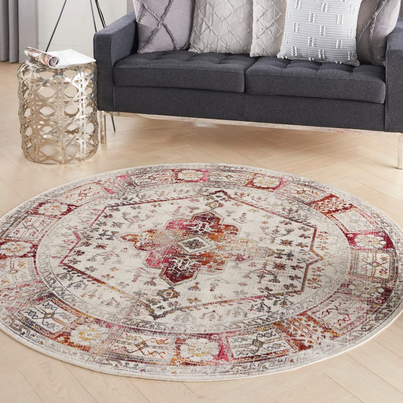 Nourison Vintage Kashan Persian Medallion Ivory Red Area Rug - 6' x  Round - Ivory Red - Round