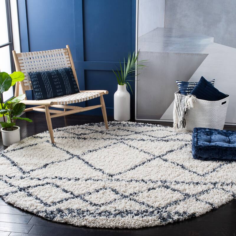 SAFAVIEH Pro Lux Shag Dottie Moroccan Tassel 2.4-inch Thick - 6'7" Round - Ivory/Blue - Runner/Round