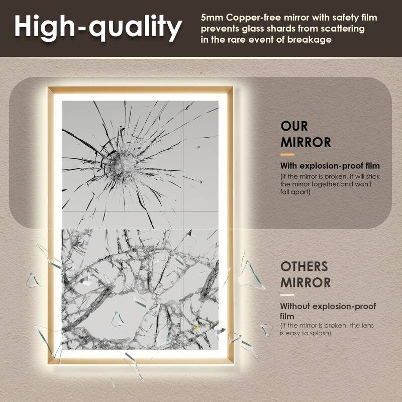 Apollo Rectangular Anti-Fog Dimmable Modern Bathroom/Vanity LED Lighted Wall Mirror in Brushed Gold Aluminum Framed