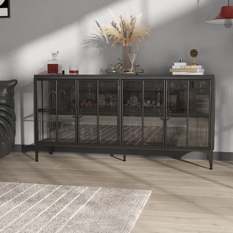 Buffet LED Light Industrial Glass Sideboard with Metal Frame and Tempered Glass Doors