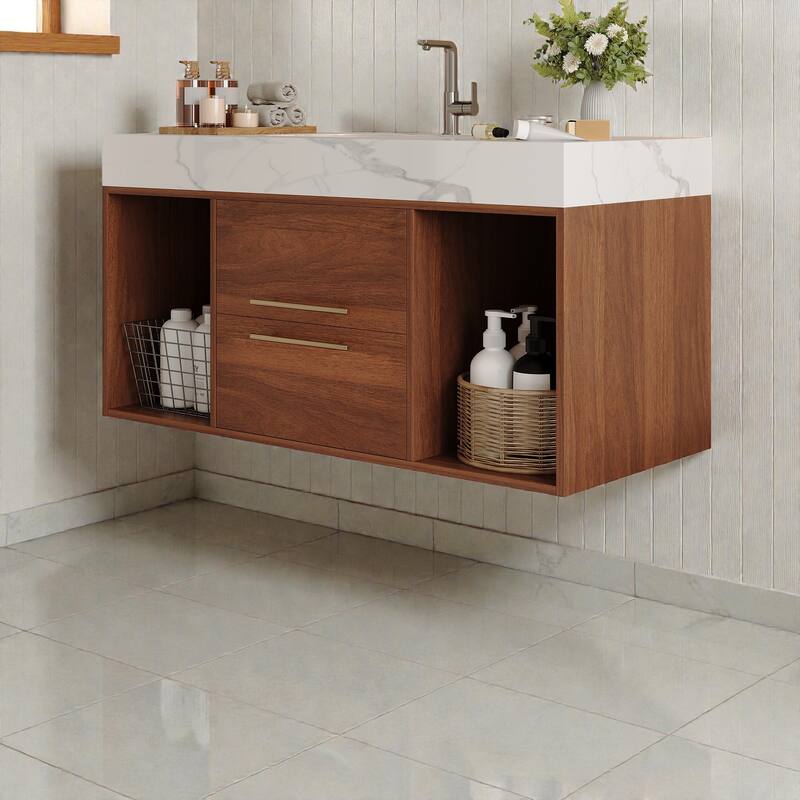 39.4" Floating Bathroom Vanity with Ceramic Sink, White Sintered Stone Top, Wall Mounted Cabinet with 2 Soft-Close Drawers
