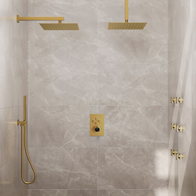 Thermostatic Dual Shower Head System ,12" High-Pressure Rainfall Shower Faucet with 4-Function Sprays - Brushed Gold