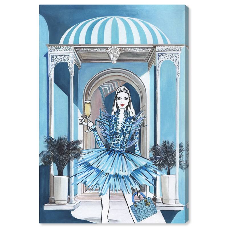 Wynwood Studio Fashion and Glam Girl in a blue dress Blue and Celeste Glam Wall Art Canvas Print