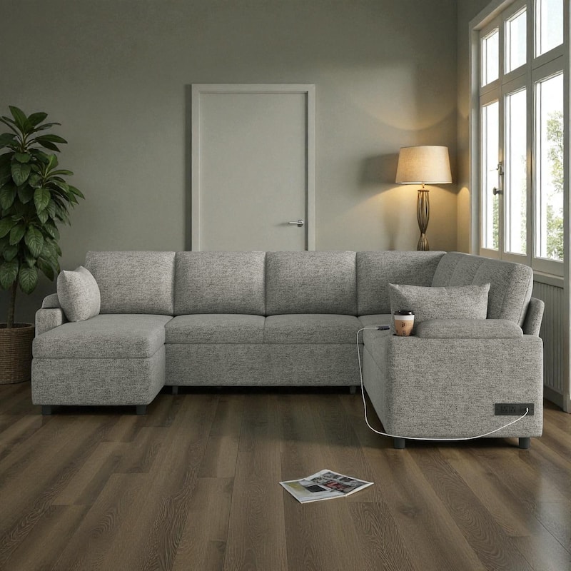 109.9" U-Shaped Convertible Sectional Sofa Bed with Storage Chaise Cup Holders Power Outlets USB Ports Chenille Couch