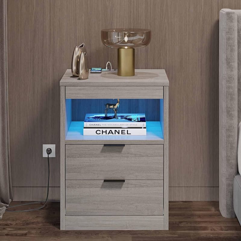 2 Drawers LED Nightstand Wireless Charging Station Pull-Out Shelf - Grey