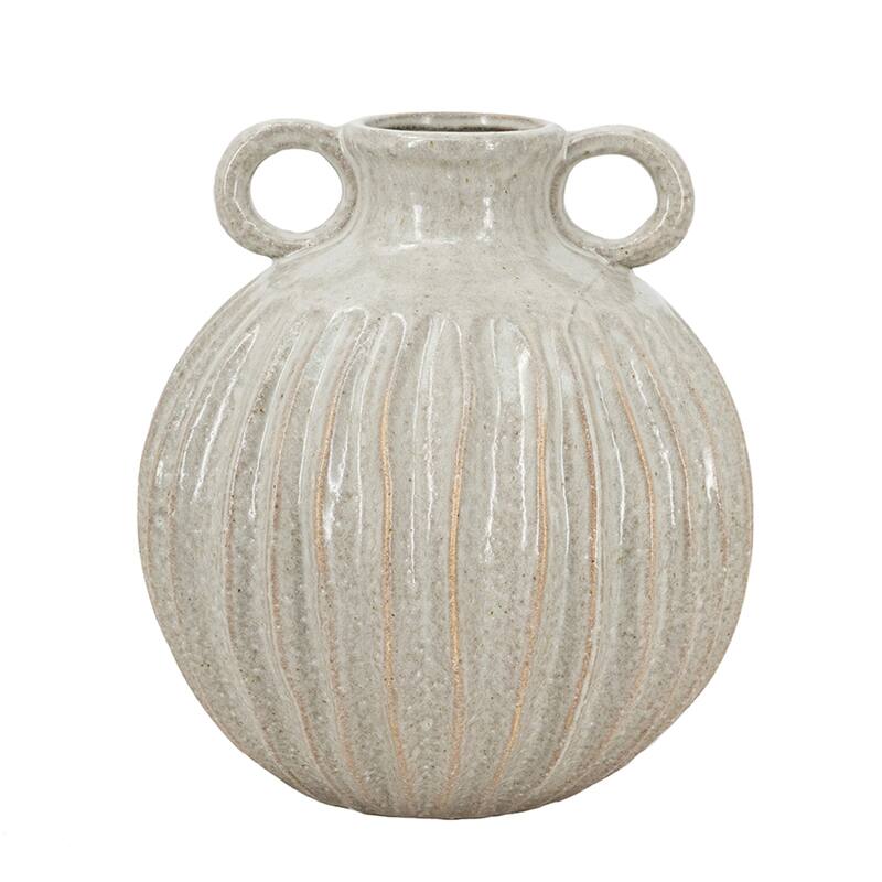 9x9x10" Decorative Round Ceramic Flower Vase with Small Handles and Textured Motif, Gold