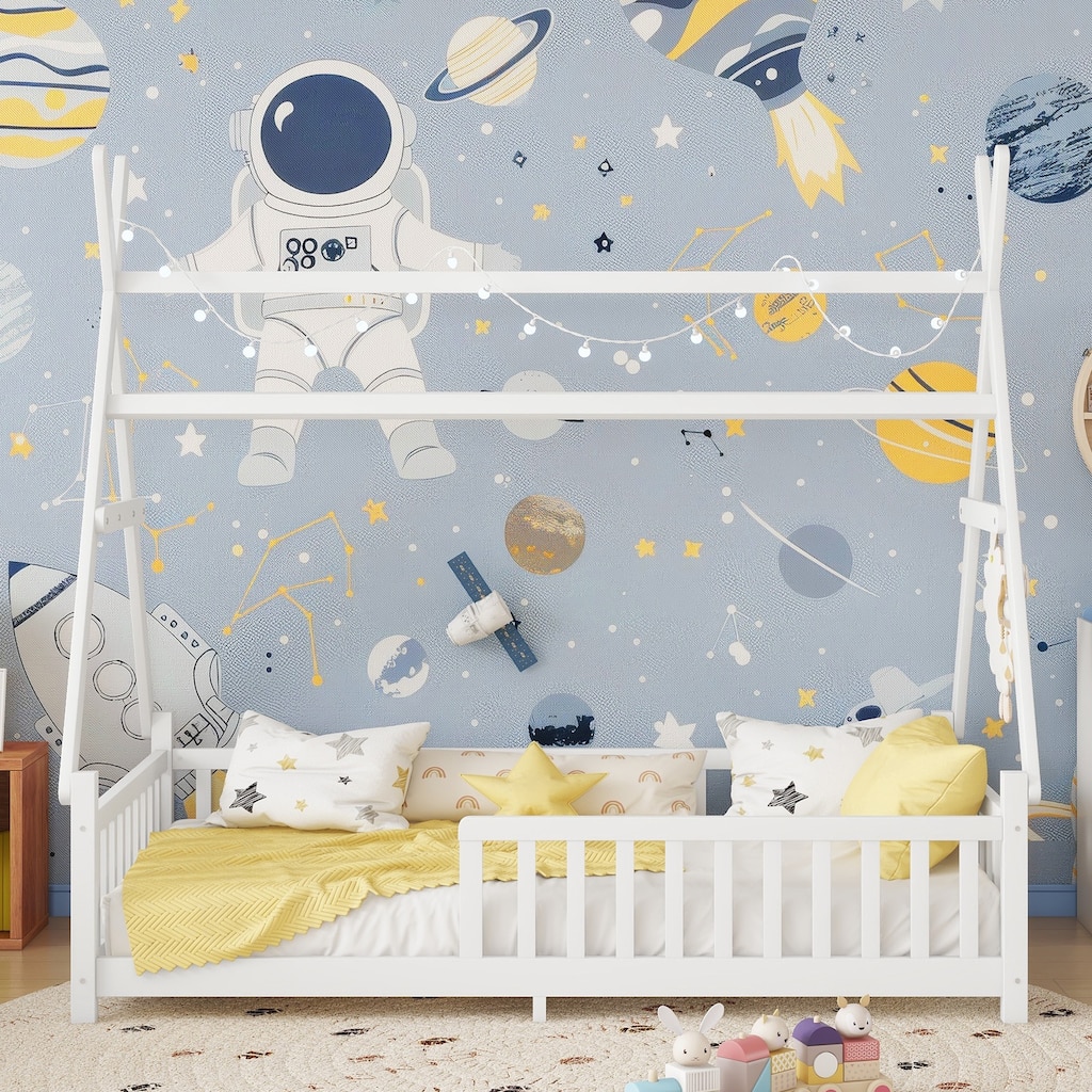 Twin/Full Size House Bed with LED Light and Fence, Wooden Low Floor Kids Bed Frame with Roof for Boys and Girls