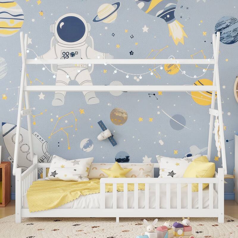 Twin House Bed with Light, Low Floor Design, Fence and Roof for Kids, White