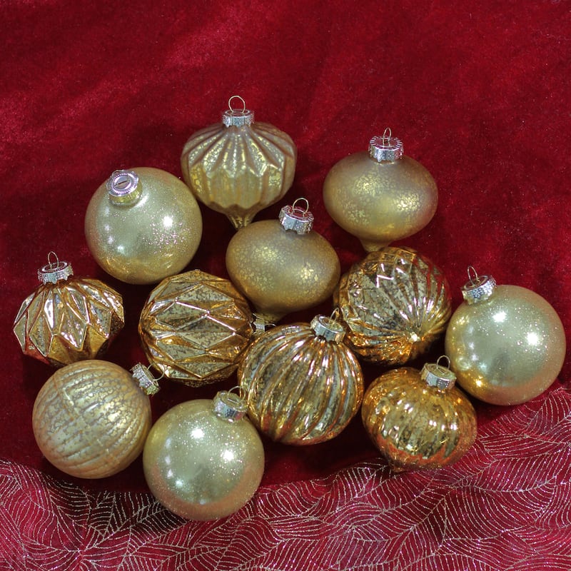 Mercury Onion and Ball Glass Christmas Ornament Set - 3" - Gold - 12ct