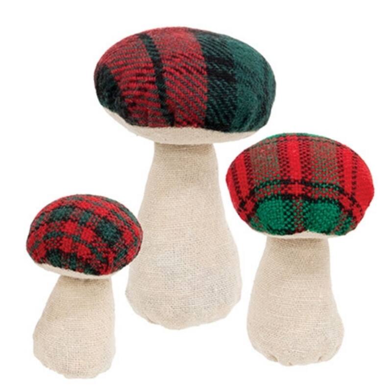 3/Set Stuffed Red and Green Plaid Mushroom Sitters Decor - 3.5” x 2.25” - Multi