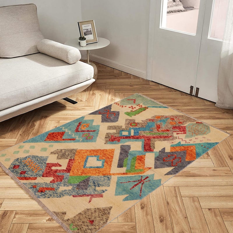 Boho Chic Balochi Galindo Beige/Blue Hand Knotted Wool Rug - 3'6'' x 5'1''
