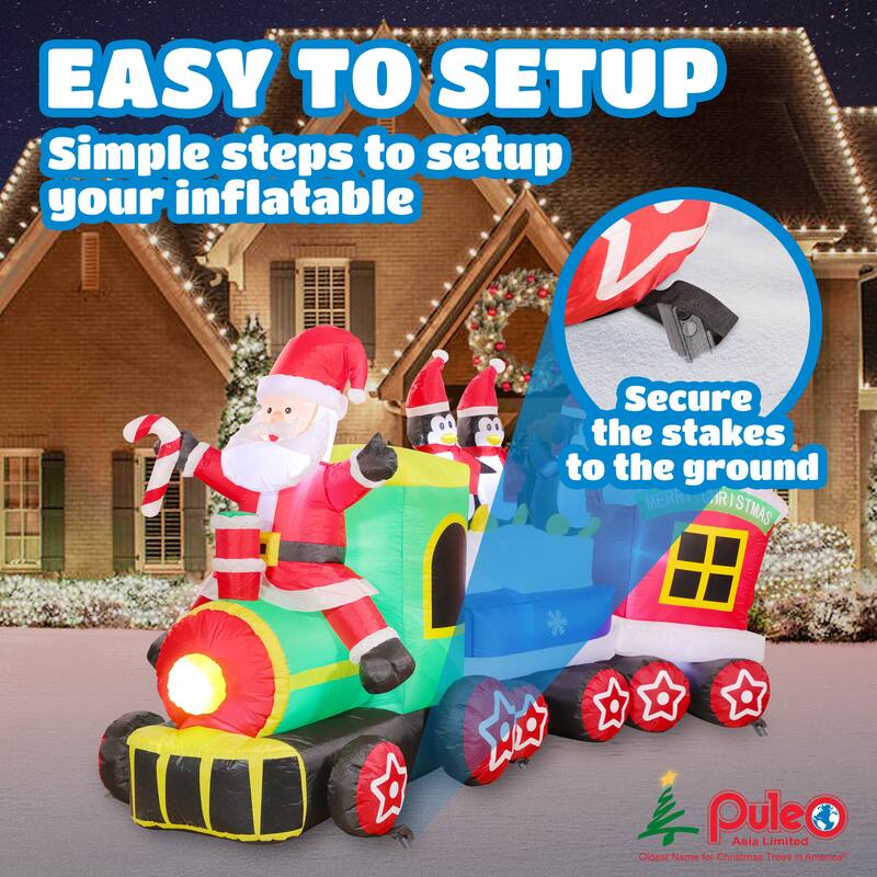 Puleo International 7 ft. Lighted Blow-Up Inflatable Santa Train with Penguins