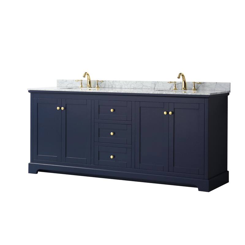 Wyndham Collection Avery 80" Free Standing Double Basin Vanity Set - Dark Blue / White Carrara Marble Top / Brushed - Painted