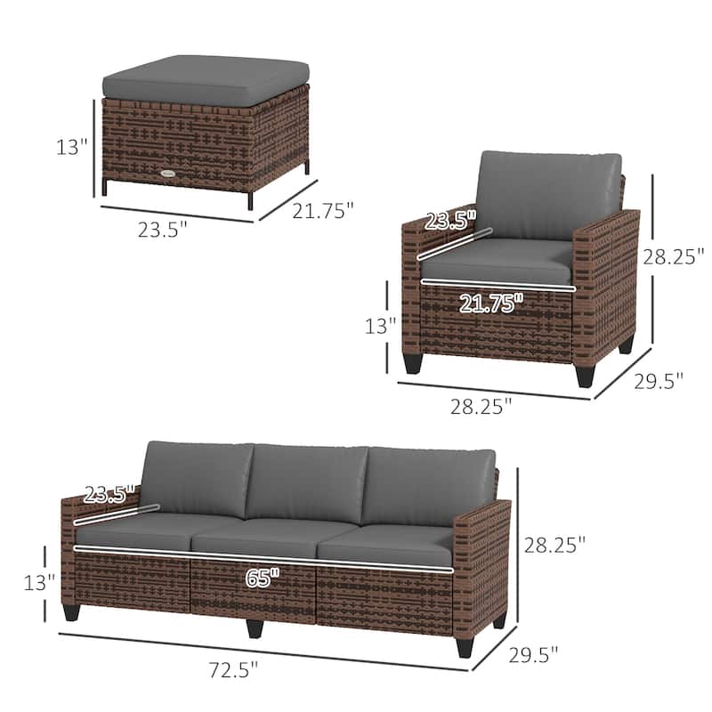 Outsunny 5 Piece Patio Furniture Set with Cushions, Outdoor Conversation Set with Rattan Three-Seater Sofa, Chairs & Footstools