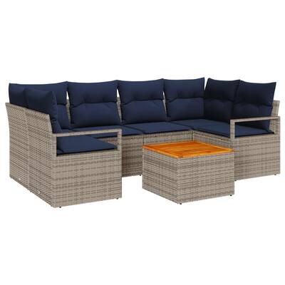vidaXL 7 Garden Sofa Set with Cushions Black/Grey Poly Rattan - 92.1 x 48 x 27.2