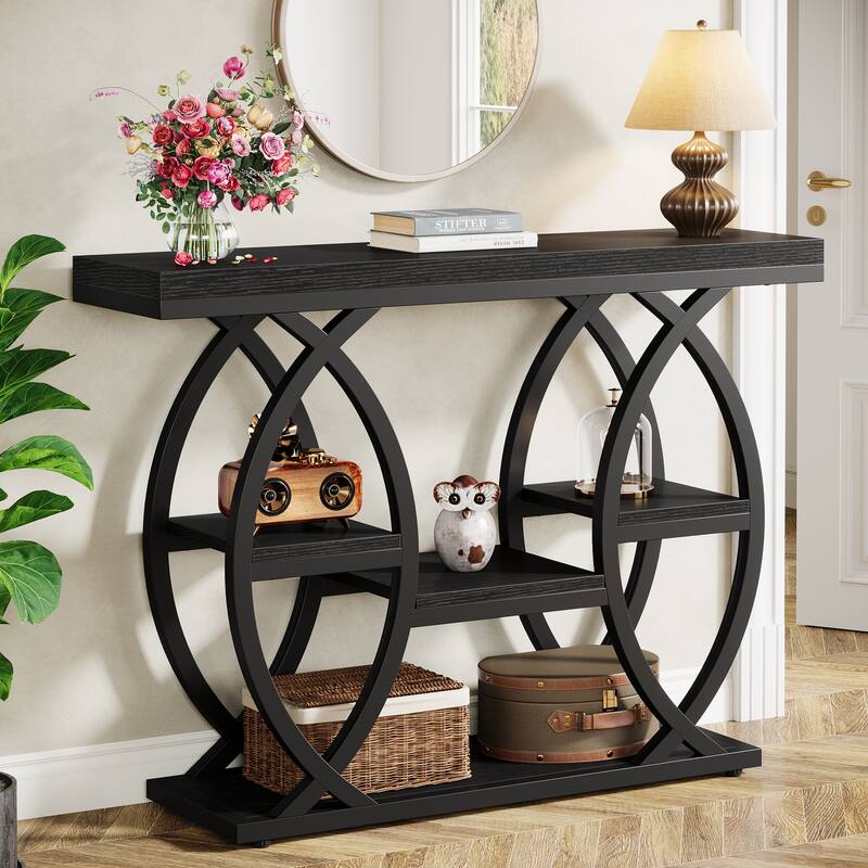 Industrial Console Table, 4-Tier Sofa Table with Geometric Metal Frame - Black