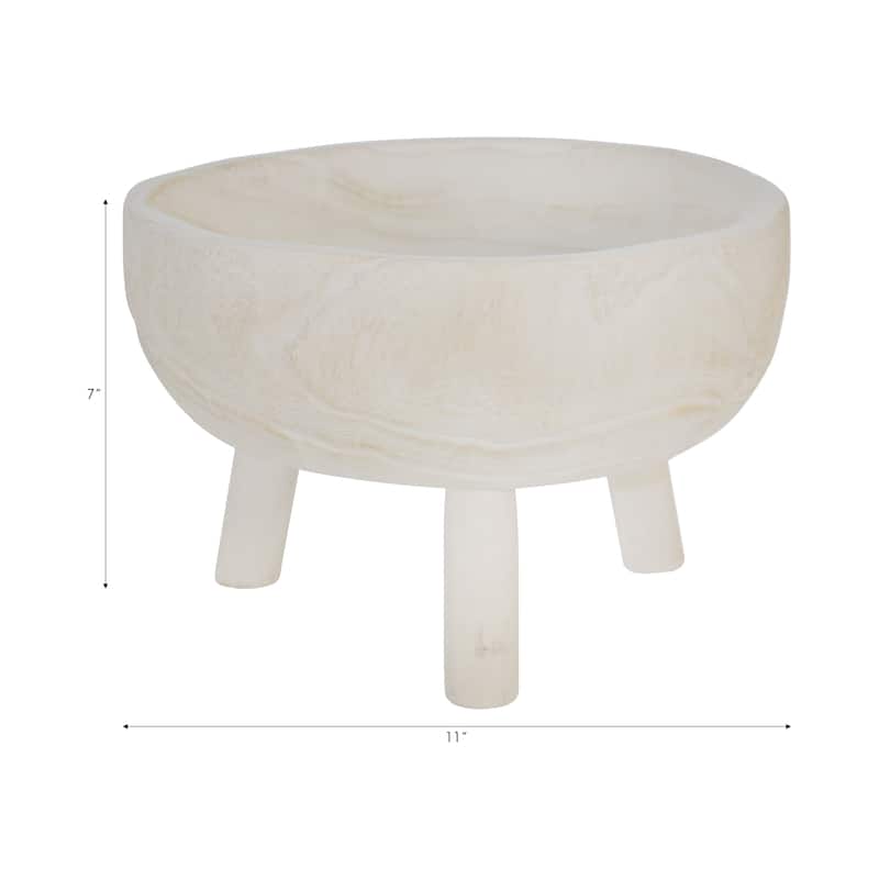 Round Wooden Bowl with Tripod Base for Home Decor - 11", White