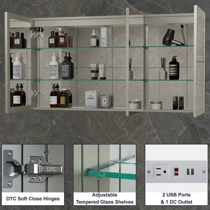 Chloe LED Medicine Cabinet with Mirror, Dimmable, Anti-fog, Adjustable Glass Shelves, Recessed or Surface Mount