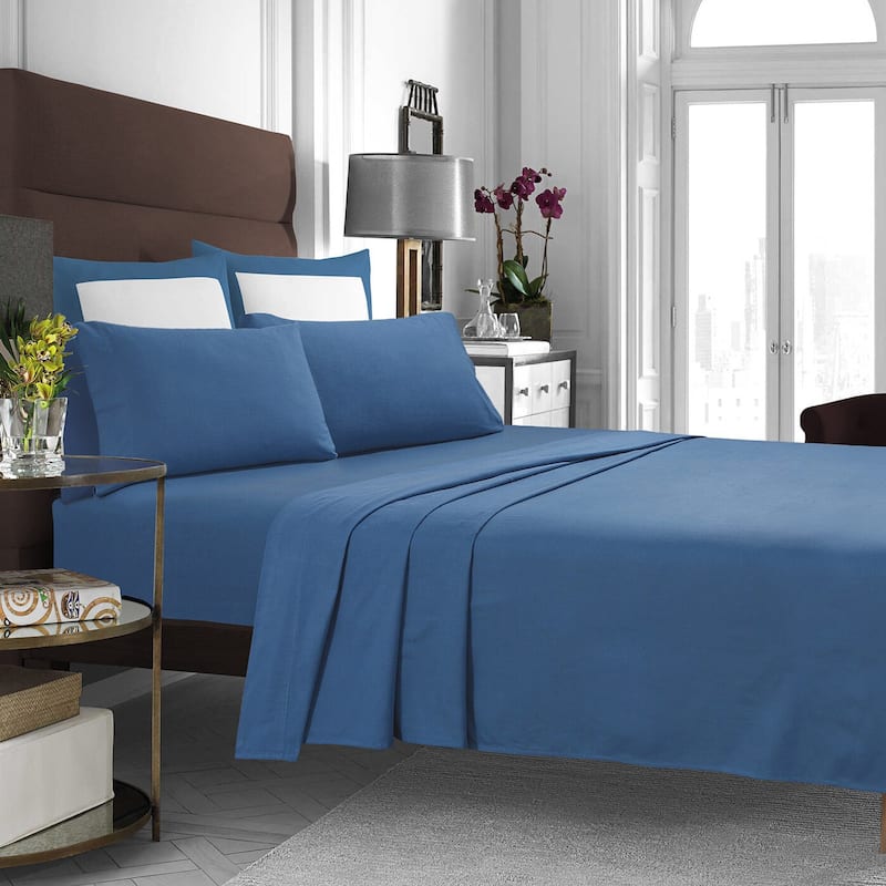 Cotton Flannel Extra Deep Pocket Bed Sheet Set with Oversize Flat Sheet - Queen - Dark Blue