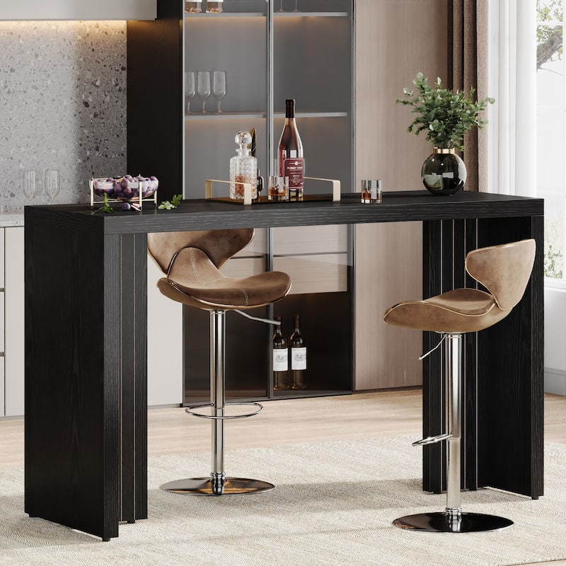 55'' Home Bar Unit, Bar Table with Faux Marble Finished Tabletop - Black
