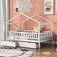 preview thumbnail 29 of 40, Full Size Wooden House Bed with Two Drawers and Roof for Kids, Boys and Girls, Bedroom White